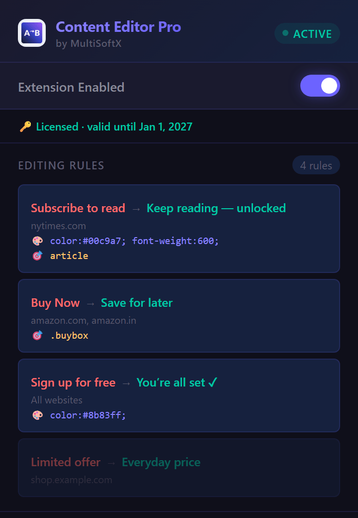 Toolbar popup with global toggle and active rule list