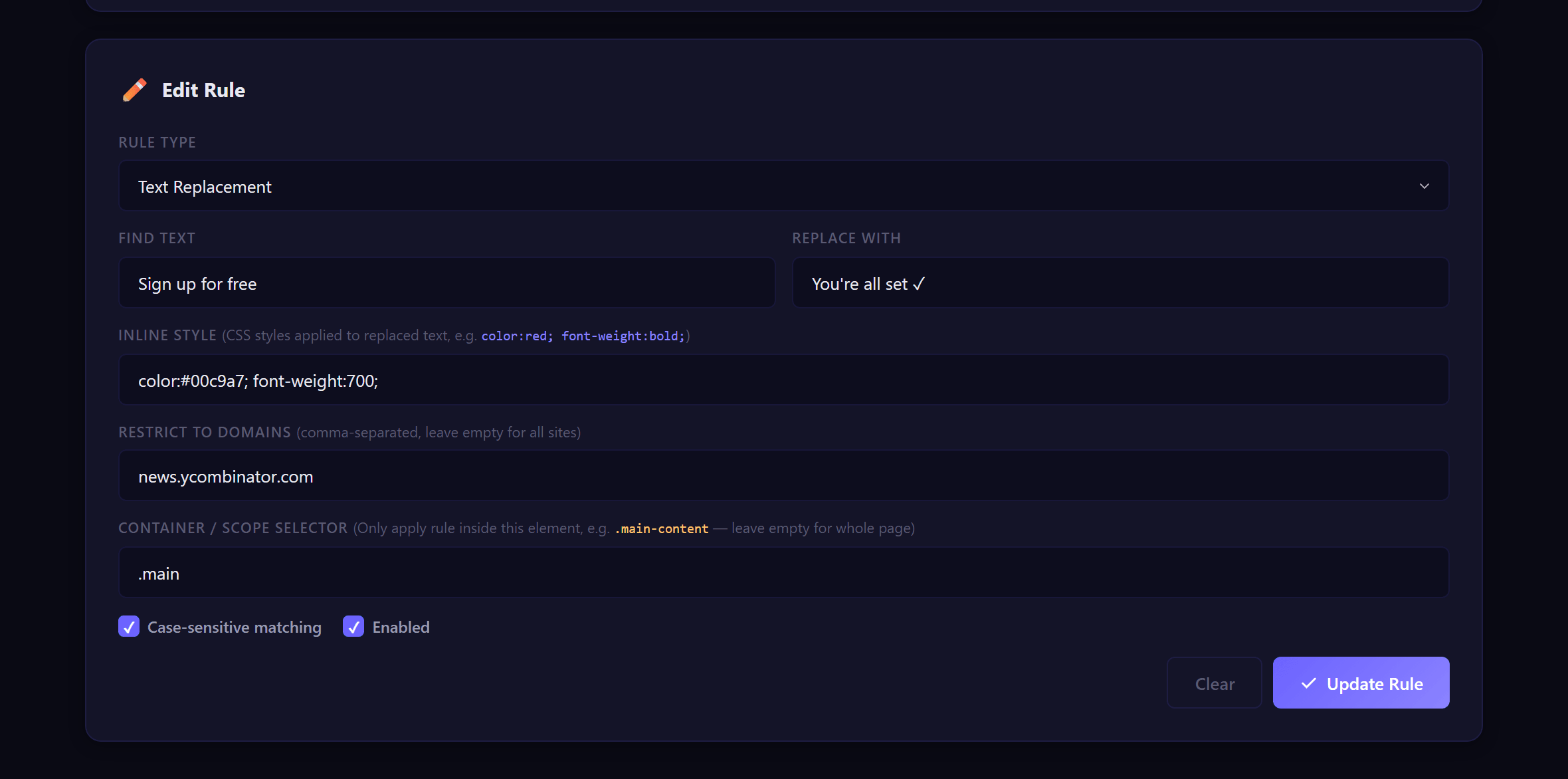 Rule editor for text replace, HTML inject and delete rules