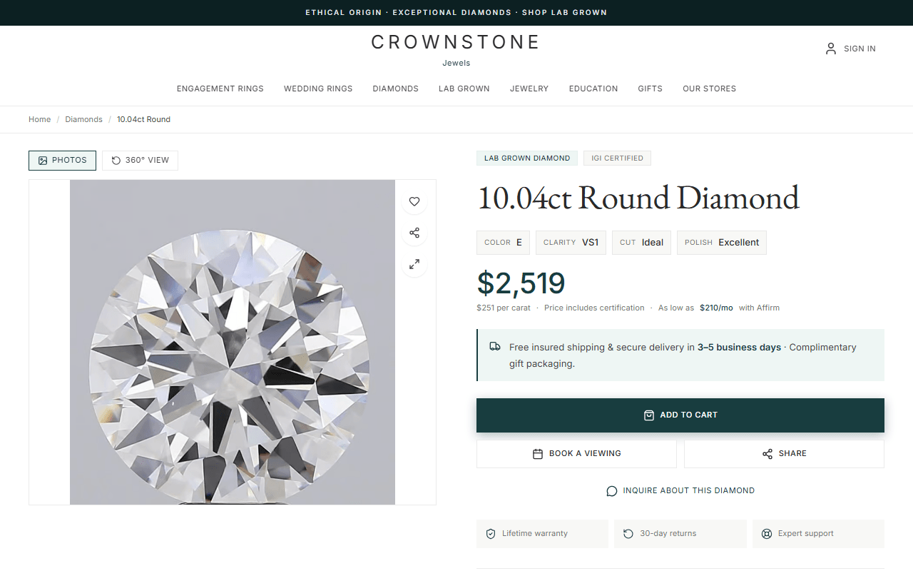 Diamond detail page with specifications and imagery